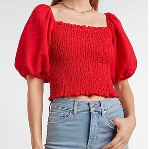 NWT XL Express Smocked Body Puff-Sleeve Red Crop Top